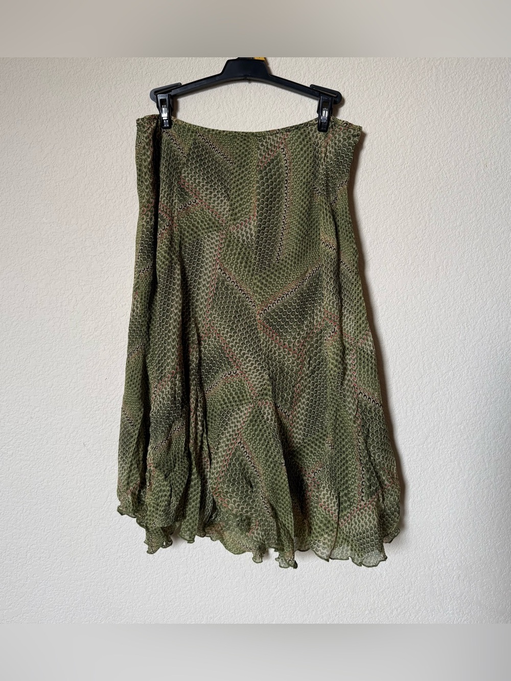 100% Silk Green Geometric Abstract Midi Skirt